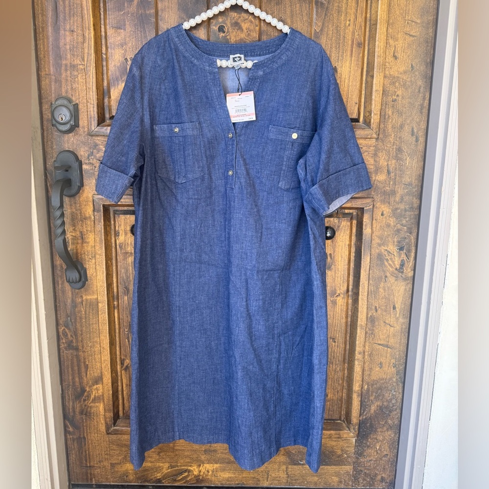 ANNE KLIEN Blue Chambray Denim Casual Shirt Dress Gold Logo Buttons Plus 2X NWT!